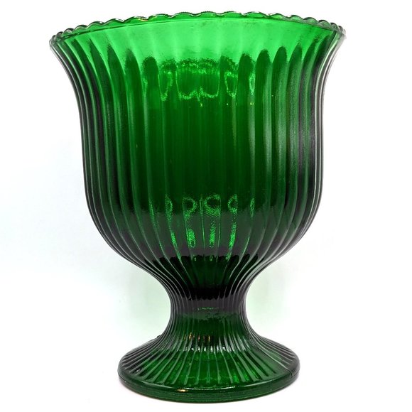 Source Unknown Dining Emerald Green Ribbed Glass Footed Bowl Vase
